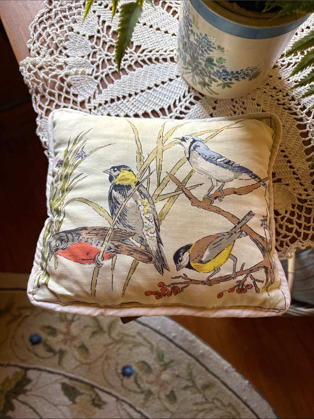 Vintage Bird Print Throw Pillow in Cream, Yellow and Blue